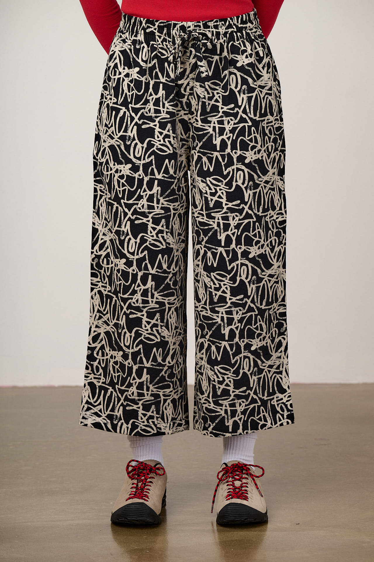 Chuck - Wide Leg Cotton Trousers in Black & White Graffiti Print