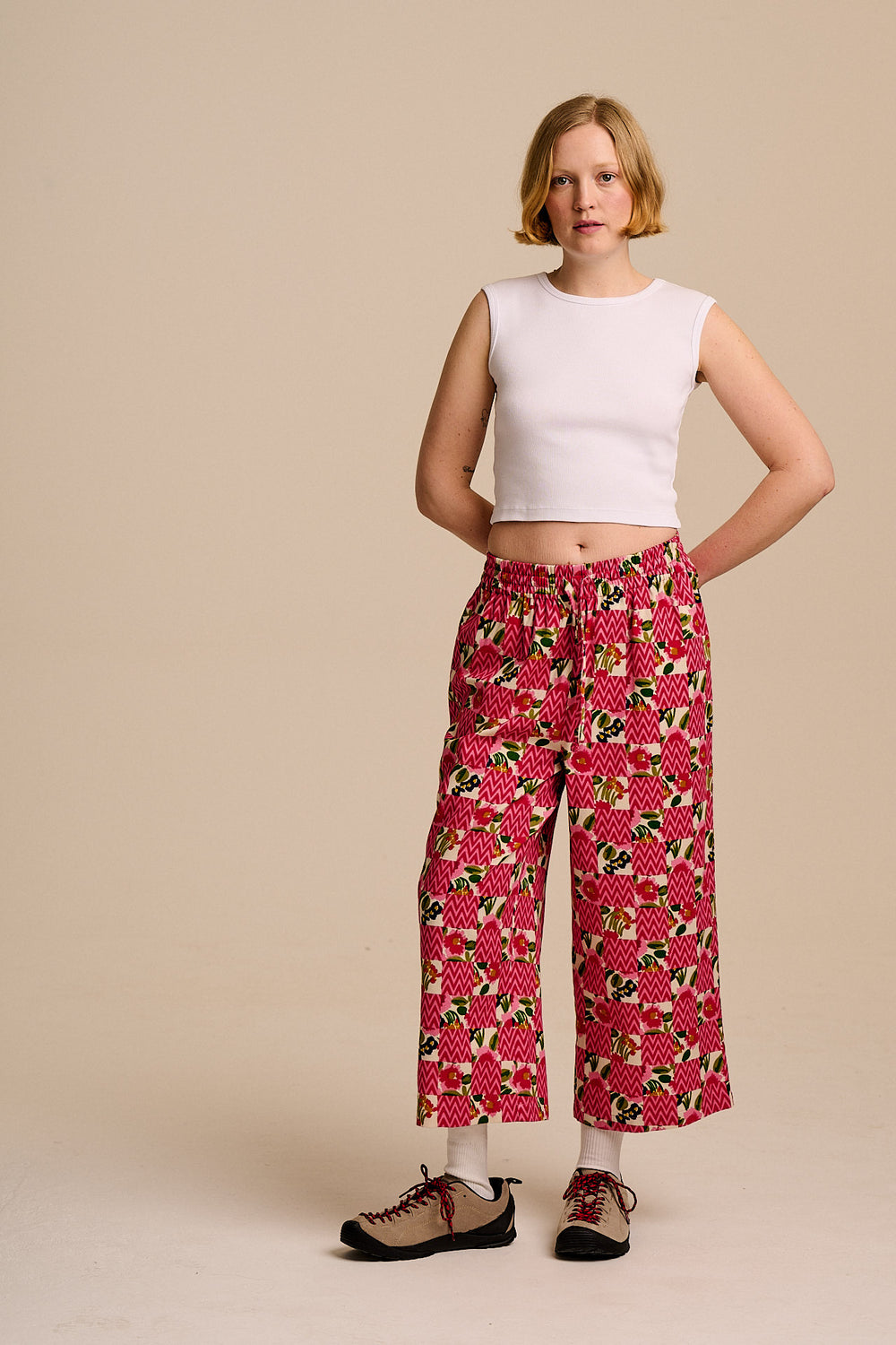 Chuck - Wide Leg Cotton Trousers in Zig Zag Floral Checkerboard