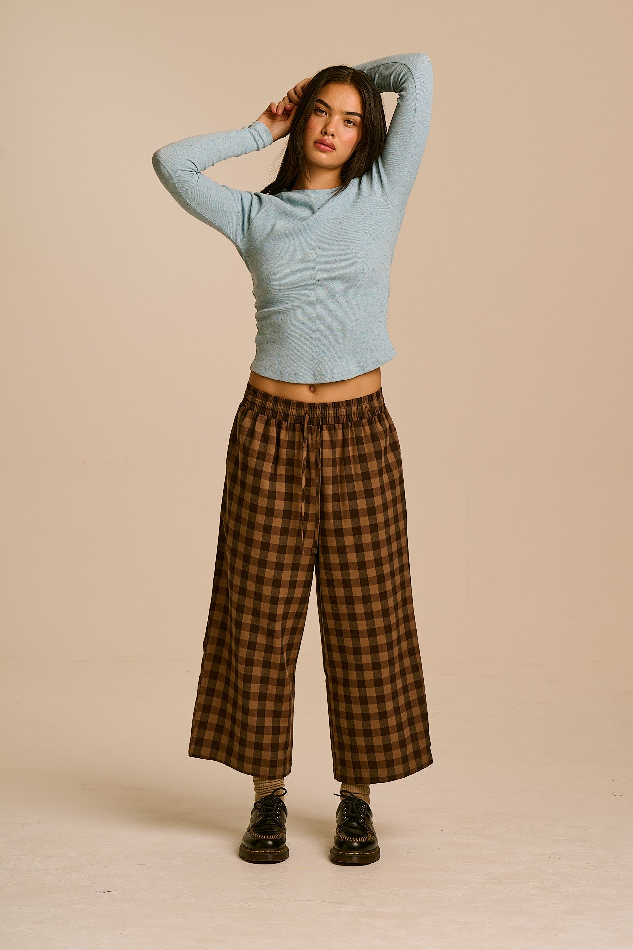 Chuck - Wide Leg Cotton Trousers in Black & Brown Check