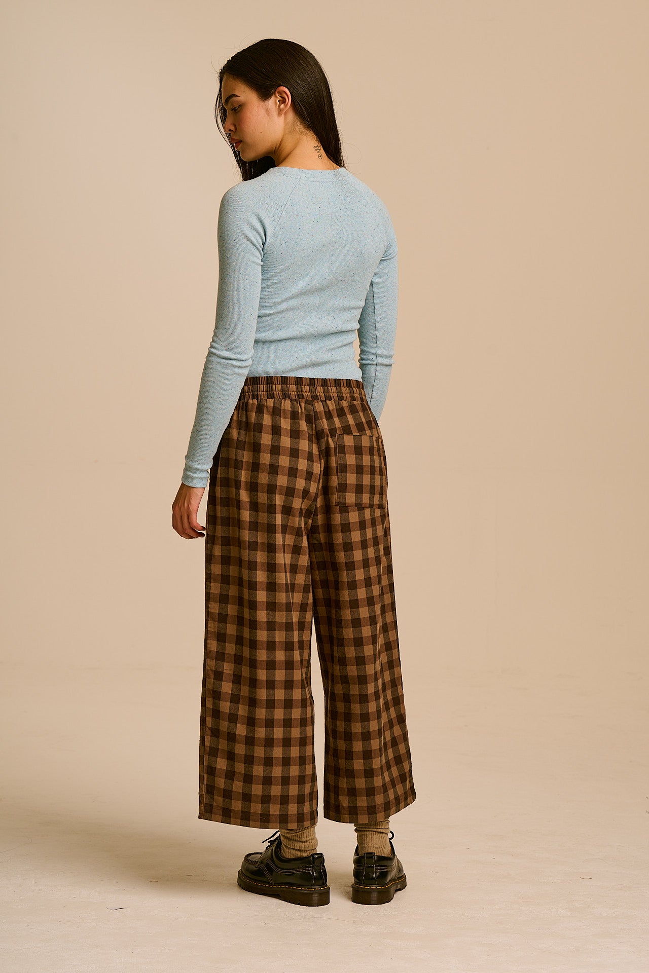Chuck - Wide Leg Cotton Trousers in Black & Brown Check