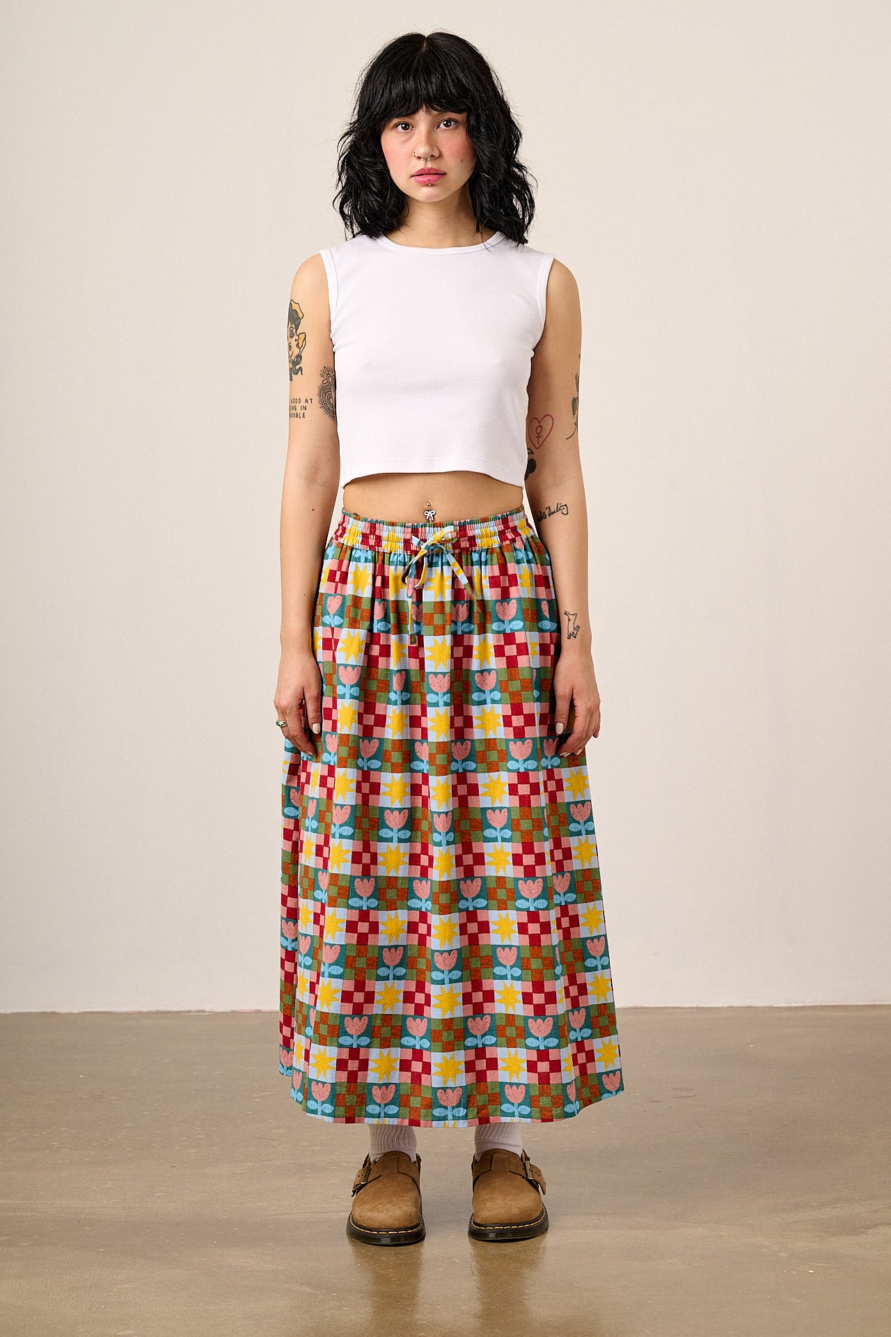 Clara - Cotton & Linen Midi Skirt in Cosmic Folk Tulip Print