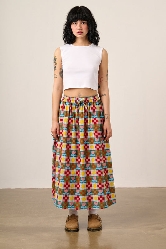 Clara - Cotton & Linen Midi Skirt in Cosmic Folk Tulip Print