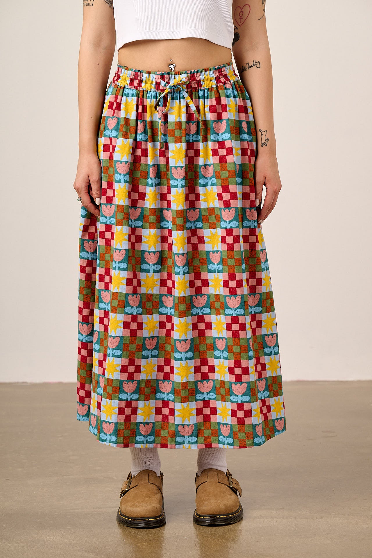 Clara - Cotton & Linen Midi Skirt in Cosmic Folk Tulip Print