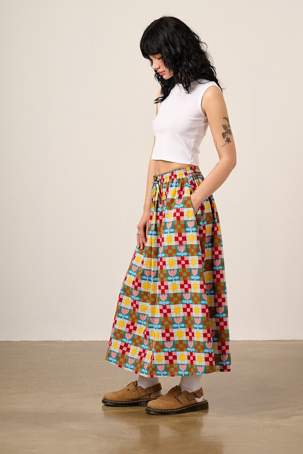 Clara - Cotton & Linen Midi Skirt in Cosmic Folk Tulip Print