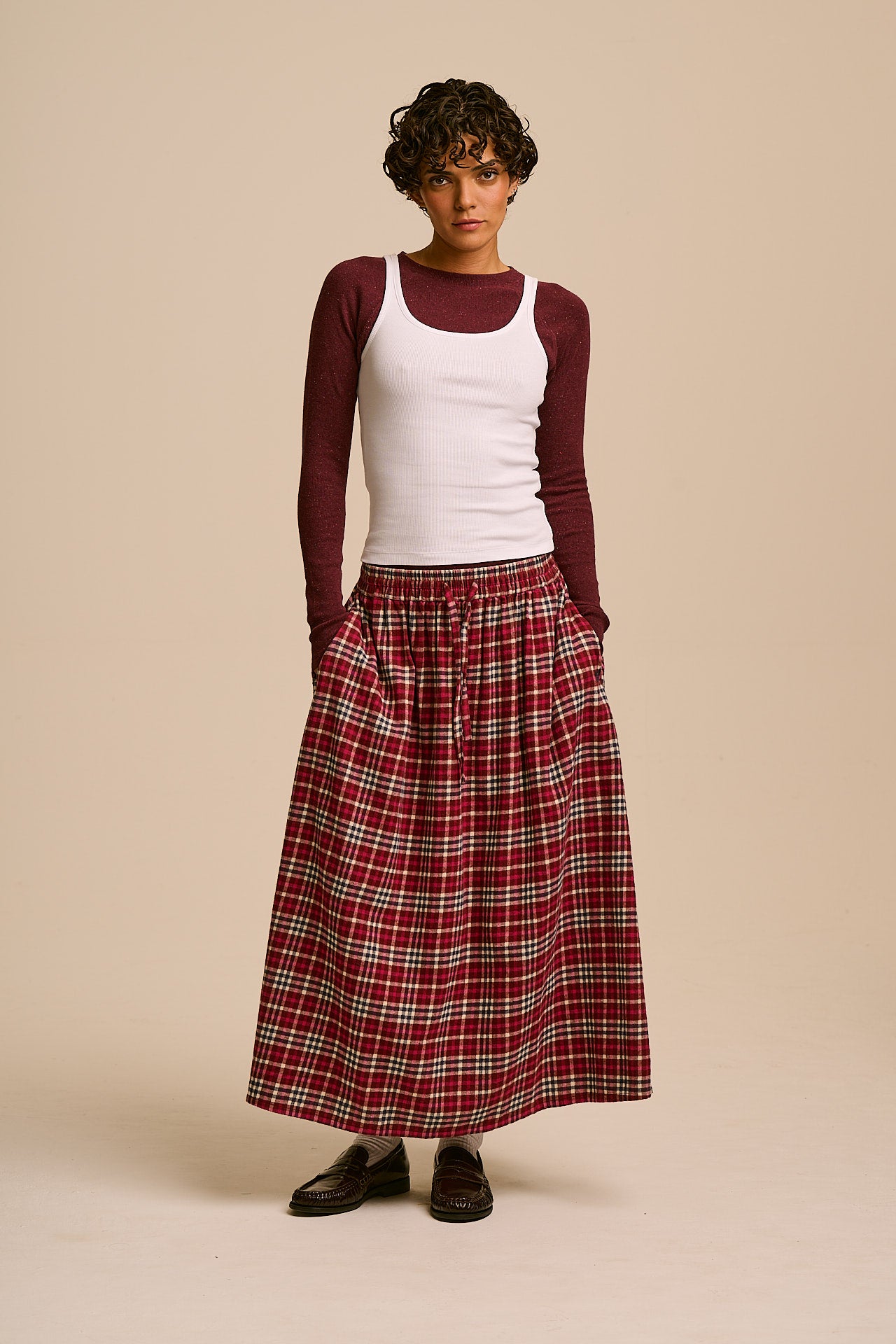 Clara - Brushed Cotton Midi Skirt in Red Ahoy Check