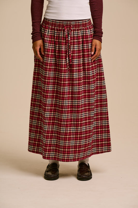 Clara - Brushed Cotton Midi Skirt in Red Ahoy Check