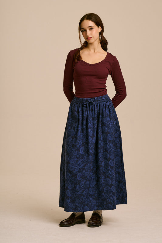 Clara A-Line Midi Skirt - Organic Brushed Cotton in Blue Grunge Paisley