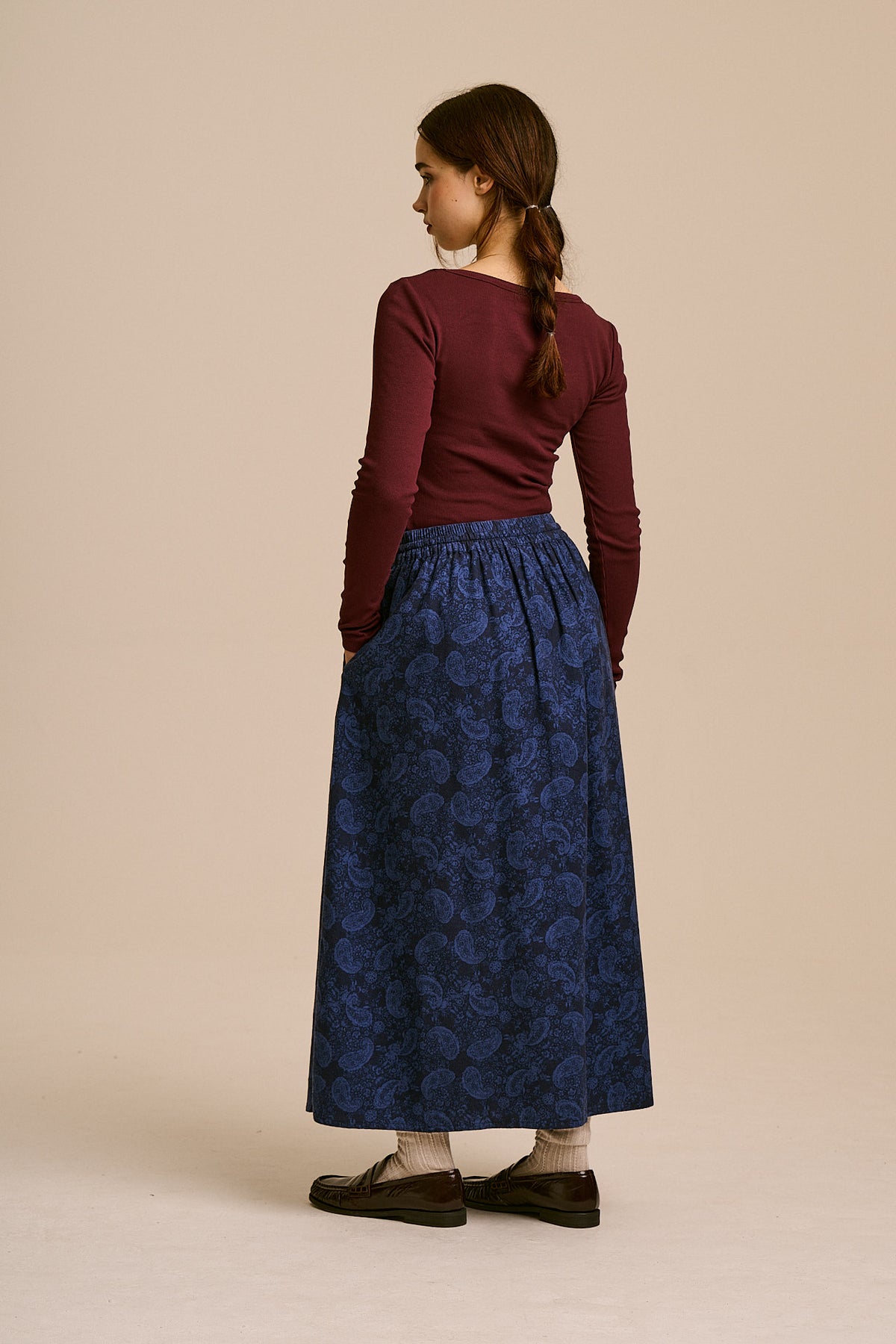 Clara A-Line Midi Skirt - Organic Brushed Cotton in Blue Grunge Paisley