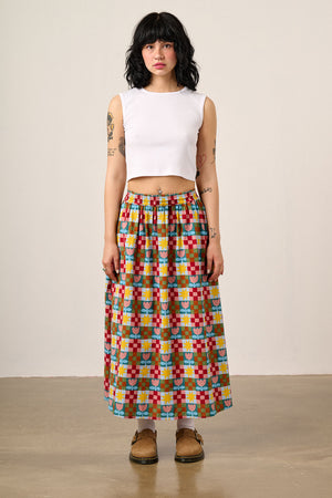 Clara - Cotton & Linen Midi Skirt in Cosmic Folk Tulip Print