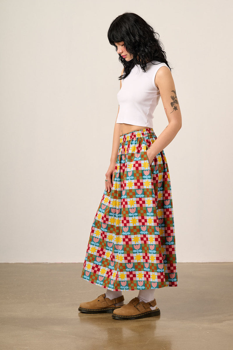 Clara - Cotton & Linen Midi Skirt in Cosmic Folk Tulip Print