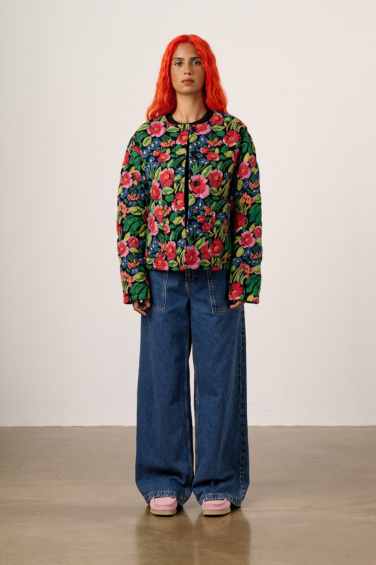 Cleo - Cotton Collarless Quilted Jacket in Black Marie Print