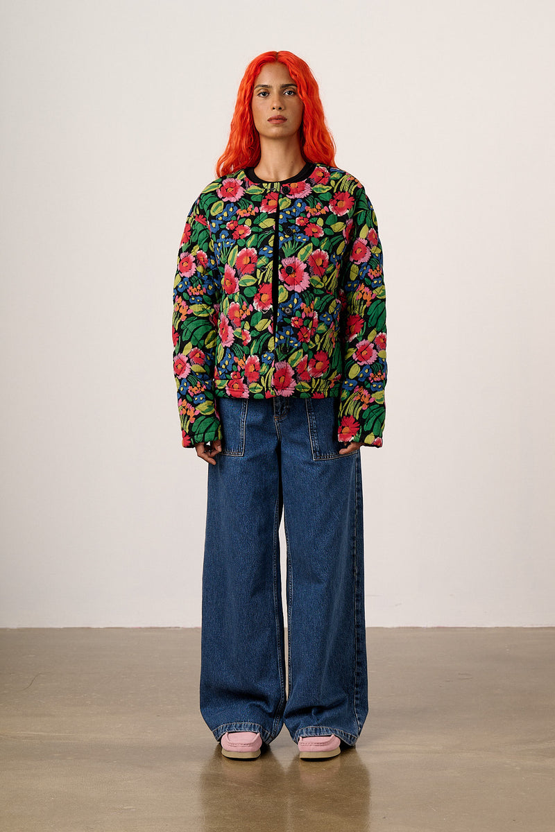 Cleo - Cotton Collarless Quilted Jacket in Black Marie Print