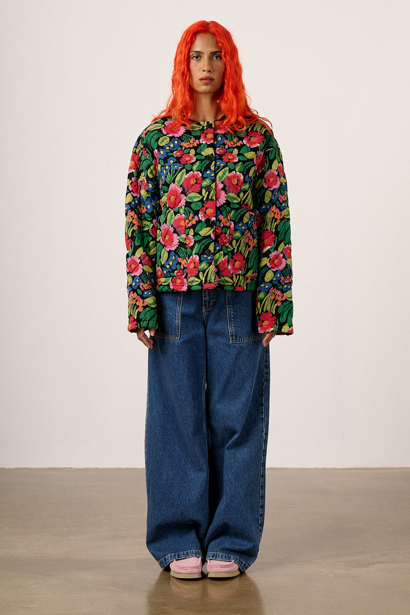 Cleo - Cotton Collarless Quilted Jacket in Black Marie Print