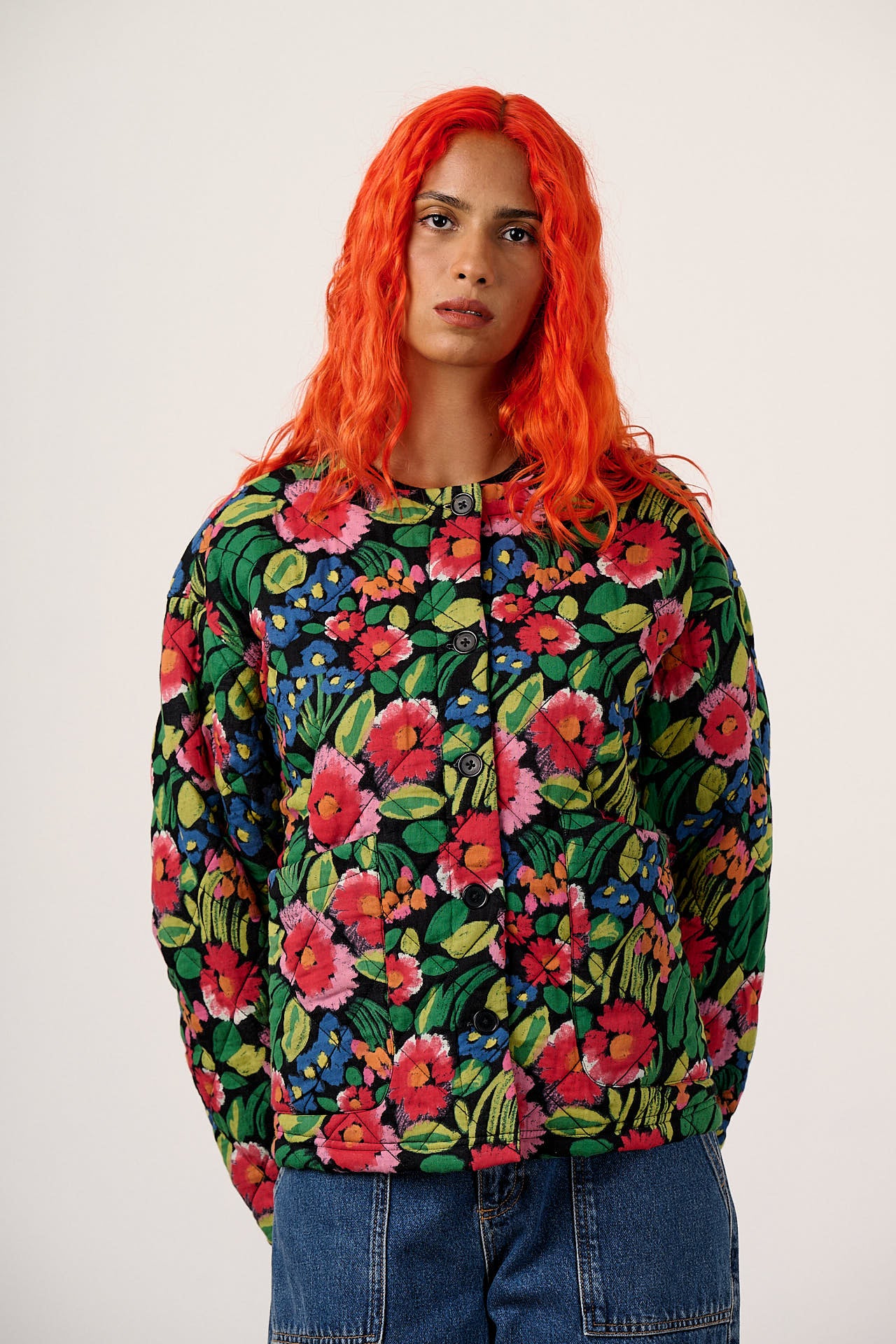 Cleo - Cotton Collarless Quilted Jacket in Black Marie Print