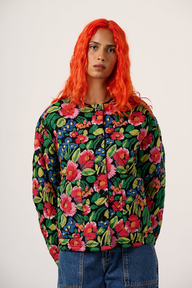 Cleo - Cotton Collarless Quilted Jacket in Black Marie Print