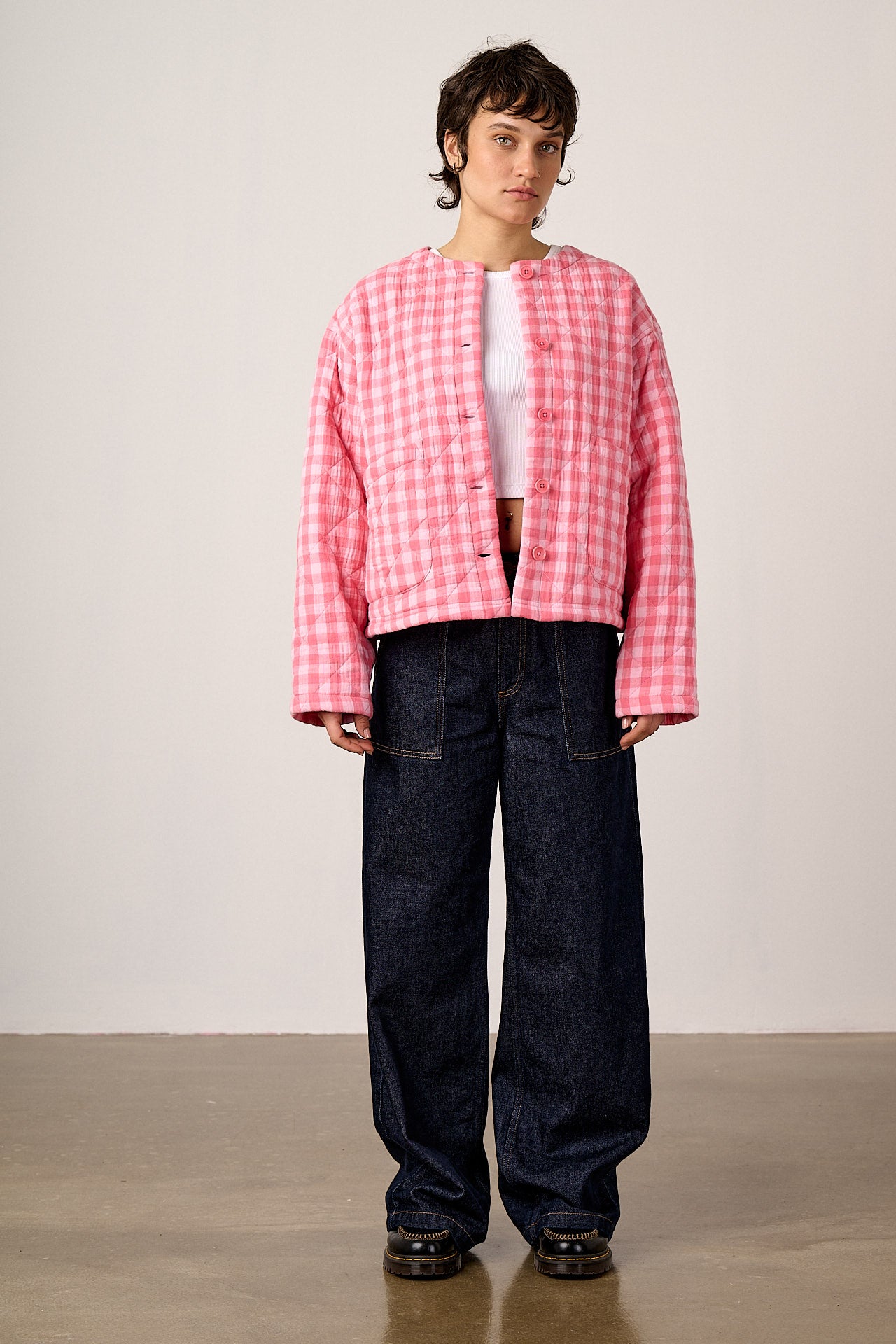 Cleo - Cotton Collarless Quilted Jacket in Pink Check