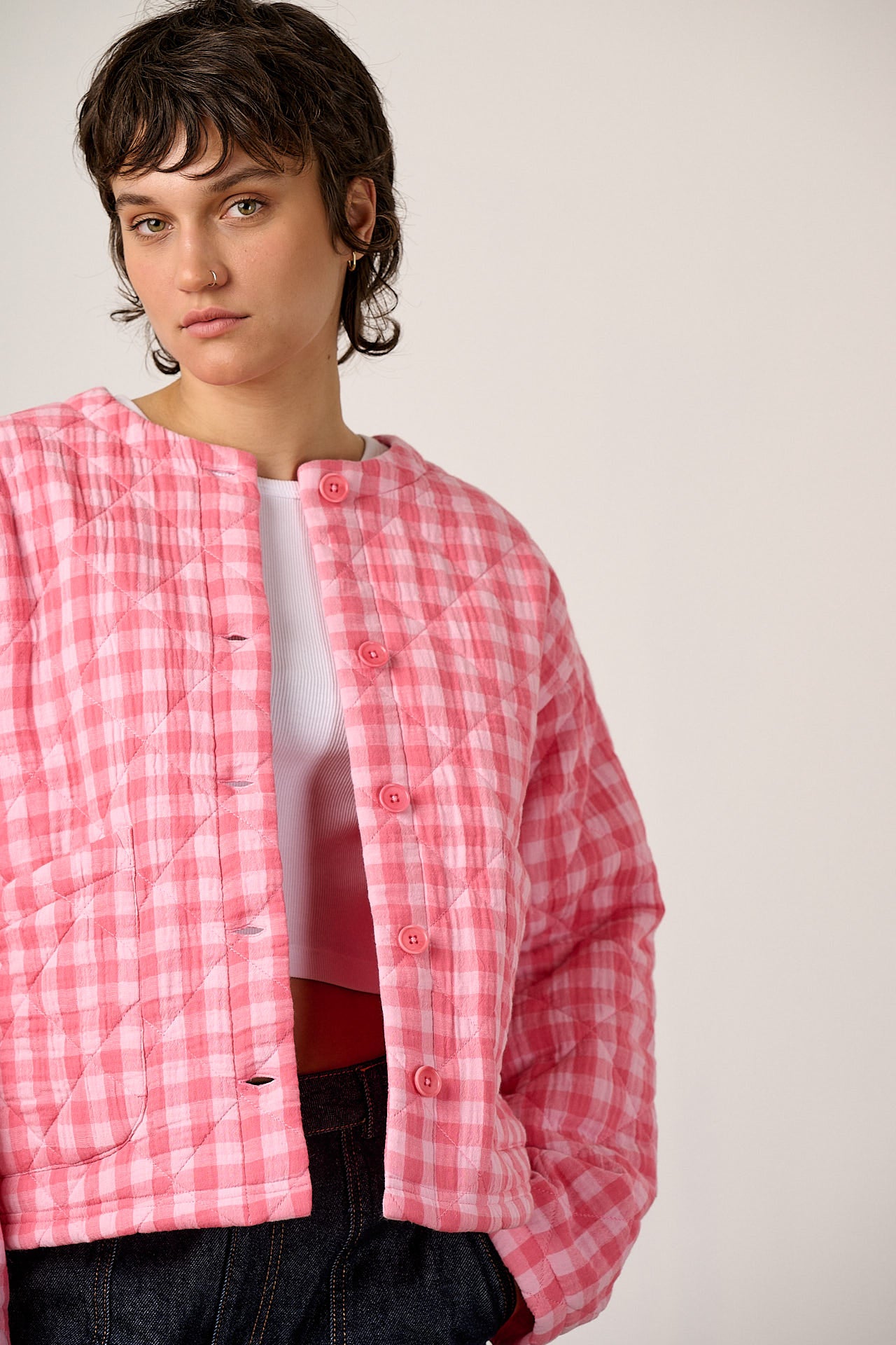 Cleo - Cotton Collarless Quilted Jacket in Pink Check