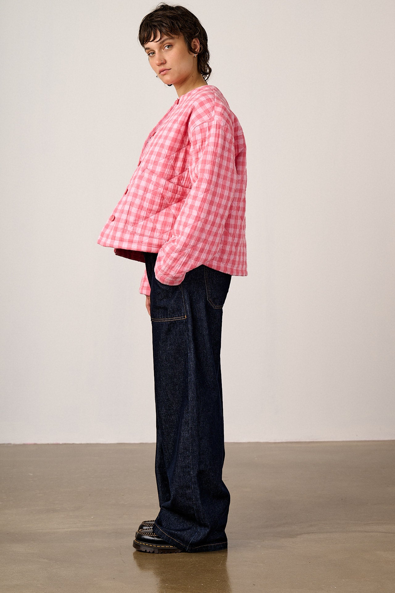 Cleo - Cotton Collarless Quilted Jacket in Pink Check