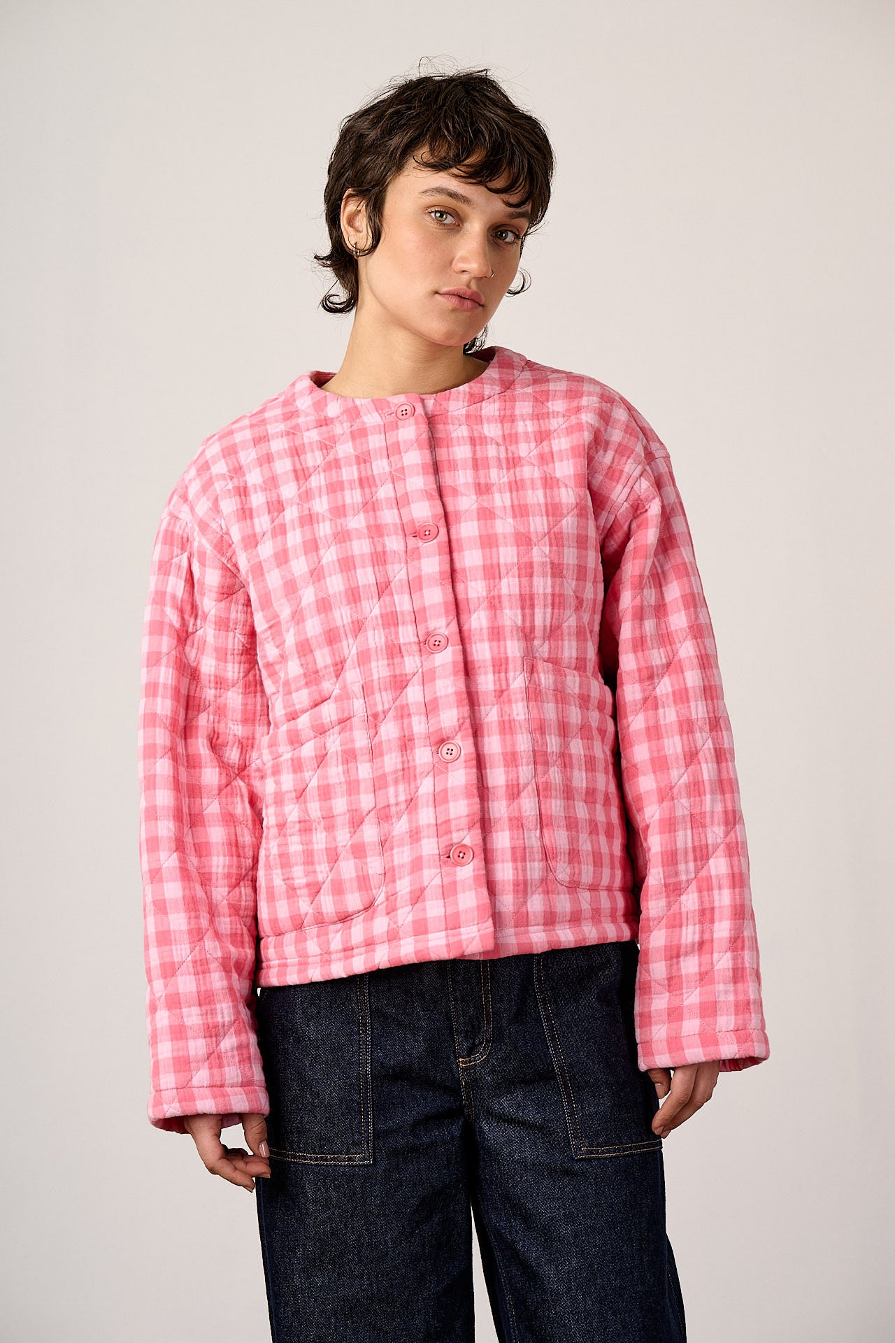 Cleo - Cotton Collarless Quilted Jacket in Pink Check