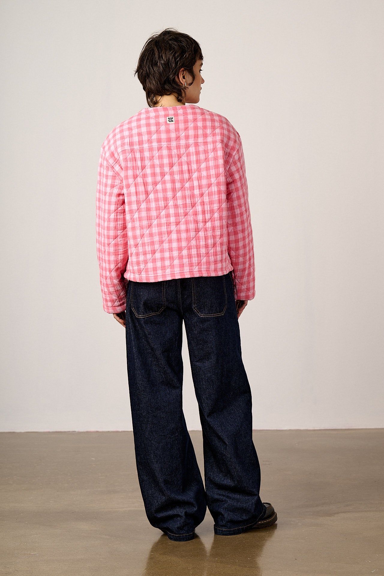 Cleo - Cotton Collarless Quilted Jacket in Pink Check