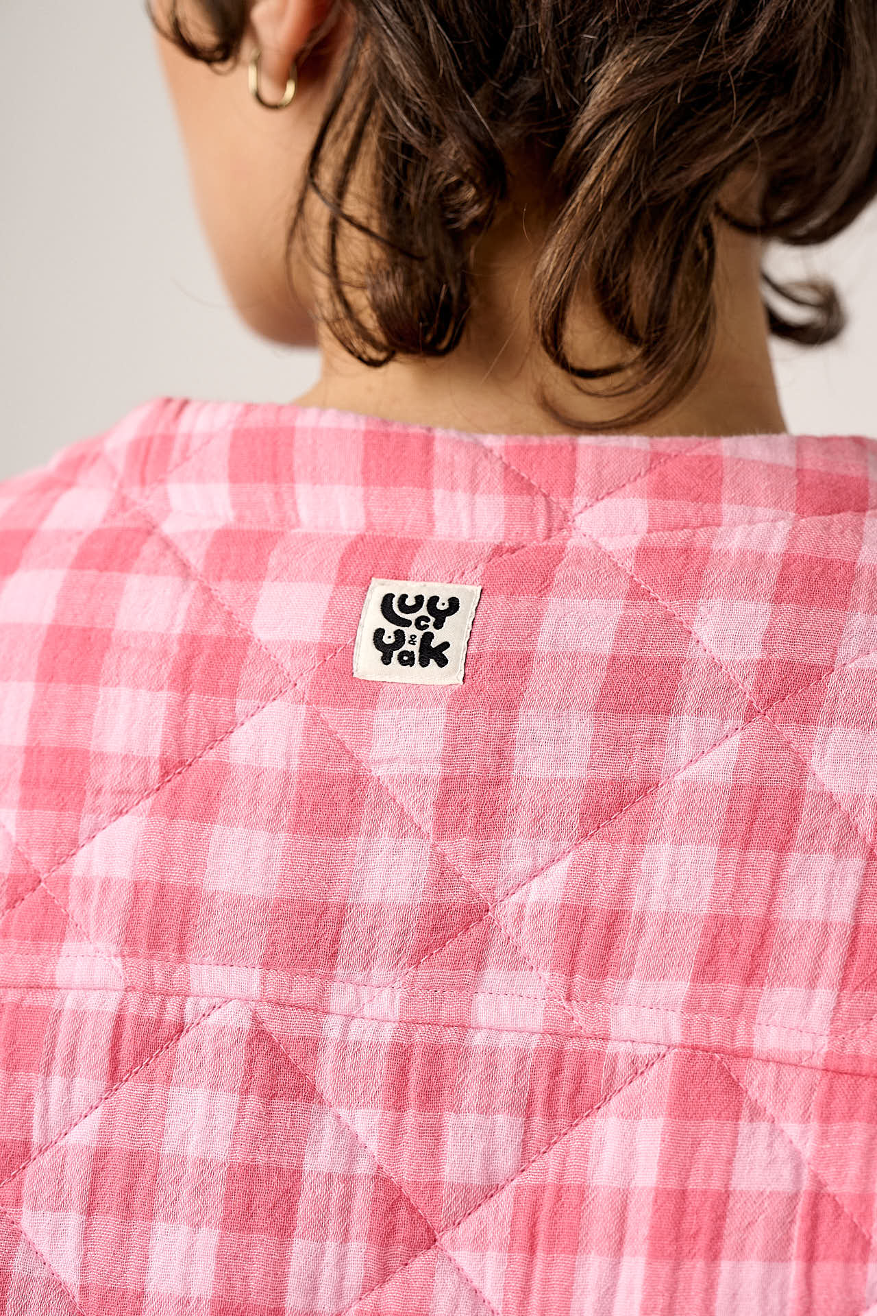 Cleo - Cotton Collarless Quilted Jacket in Pink Check