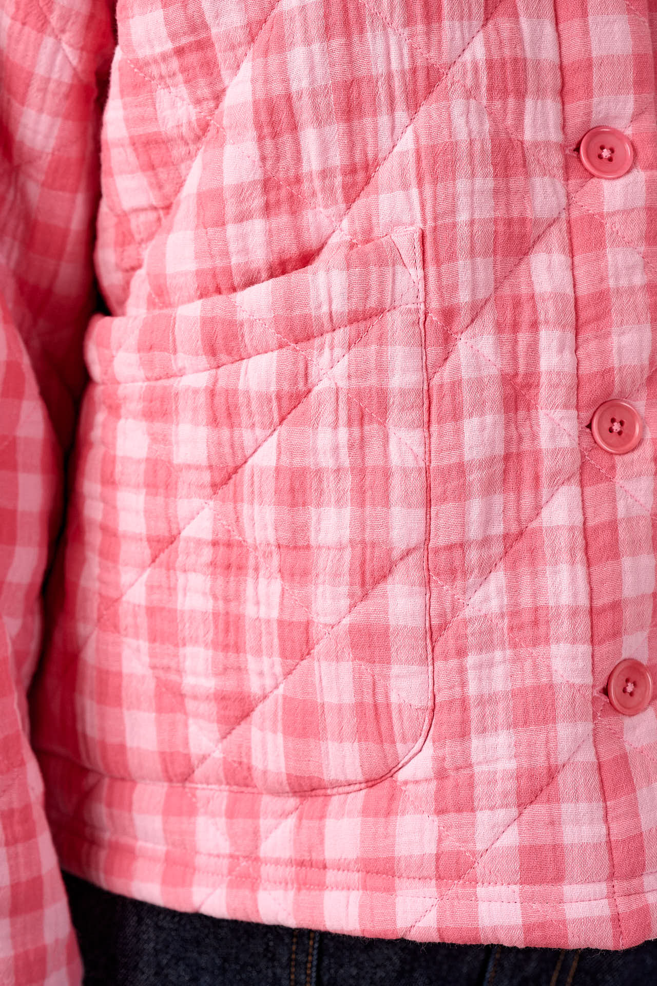 Cleo - Cotton Collarless Quilted Jacket in Pink Check