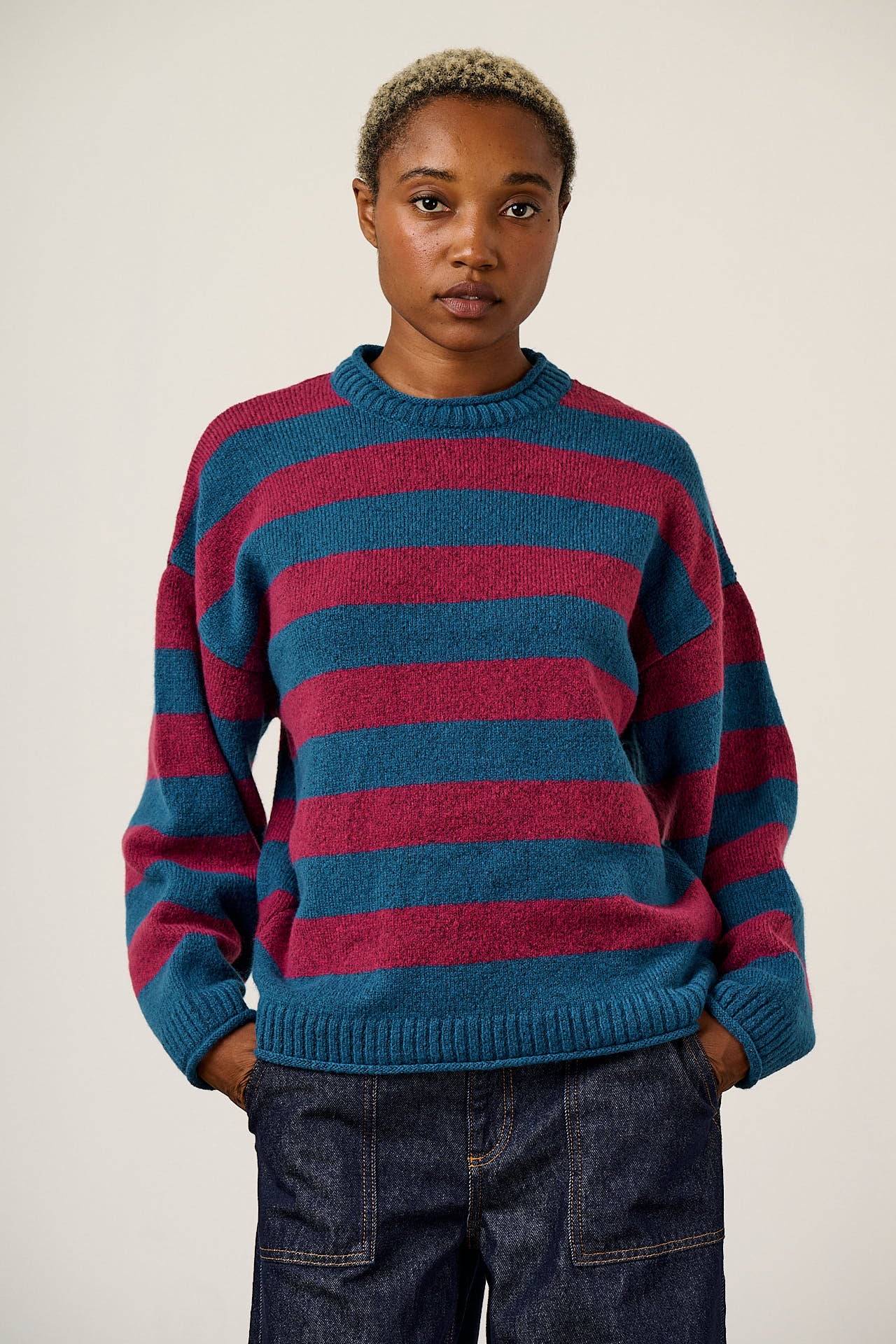 Areum - Oversized Knitted Jumper in Beetroot Stripe