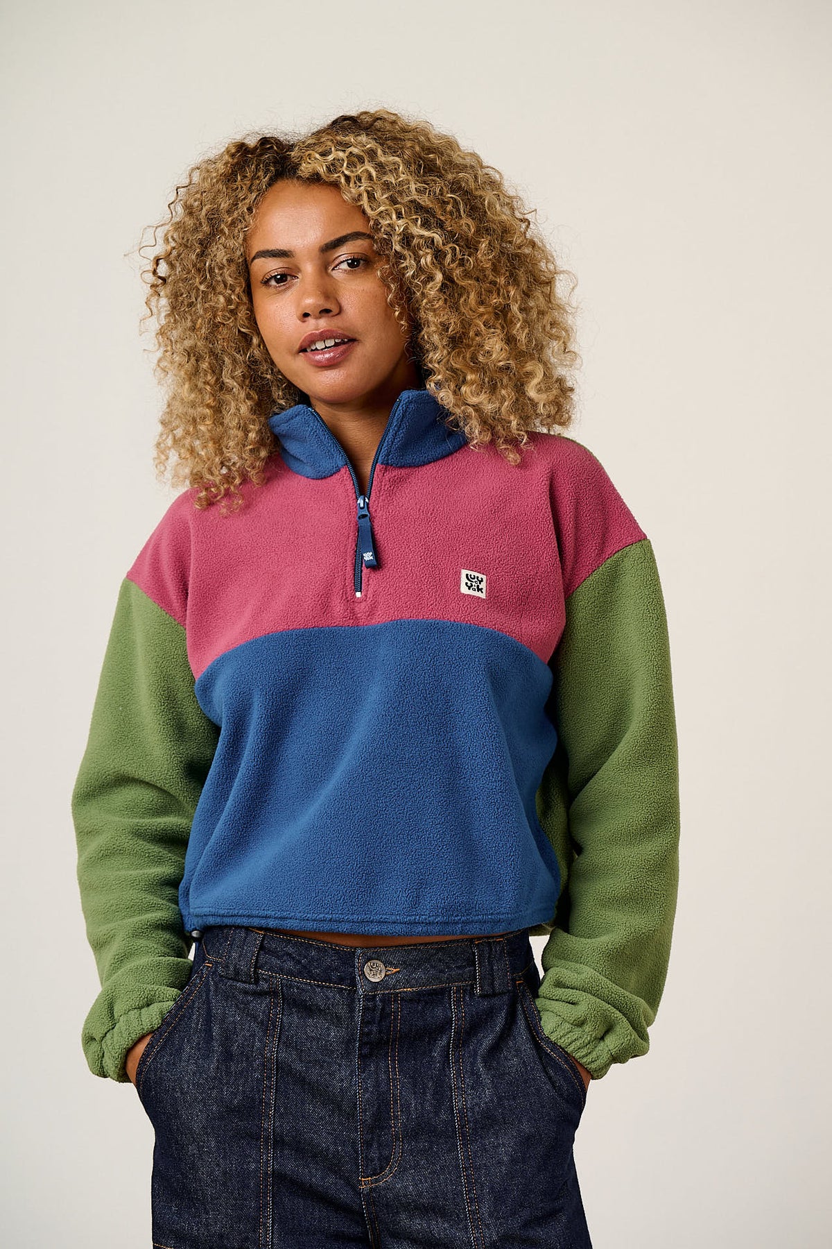 Blake - Cropped Polar Fleece in Green, Purple and Blue Colourblock