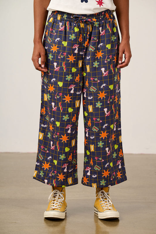 Chuck - Wide Leg Cotton Trousers in Punk Energy Grid