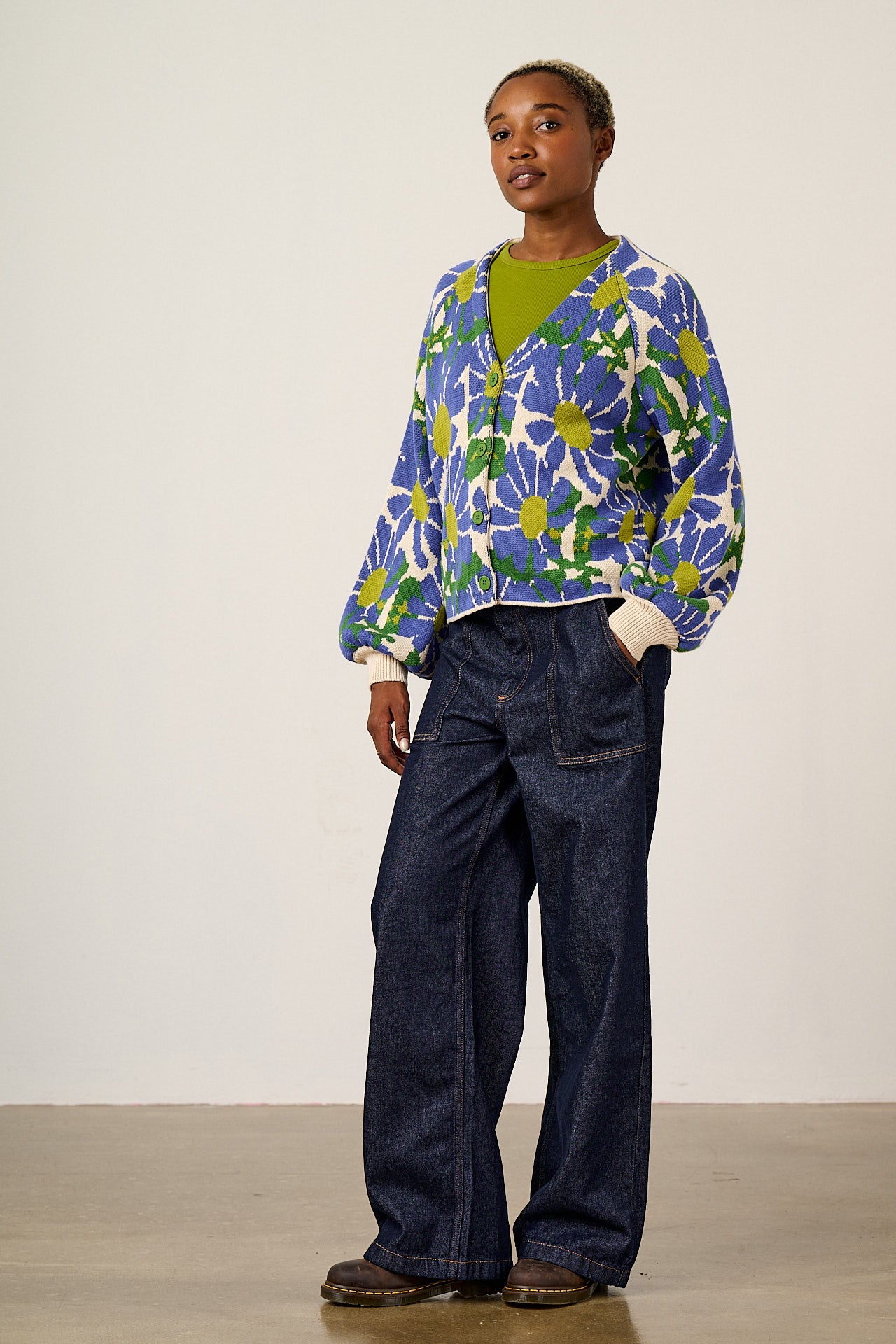 Juniper - Organic Cotton Knit Cardigan in Large Floral