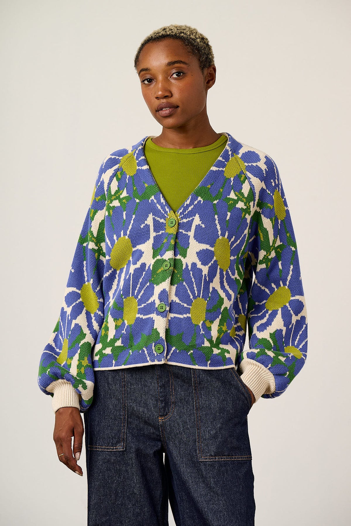 Juniper - Organic Cotton Knit Cardigan in Large Floral