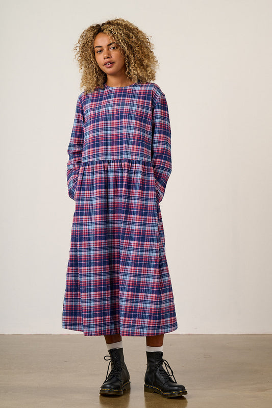 Micah - Brushed Cotton Midi Dress in Blue & Red Check