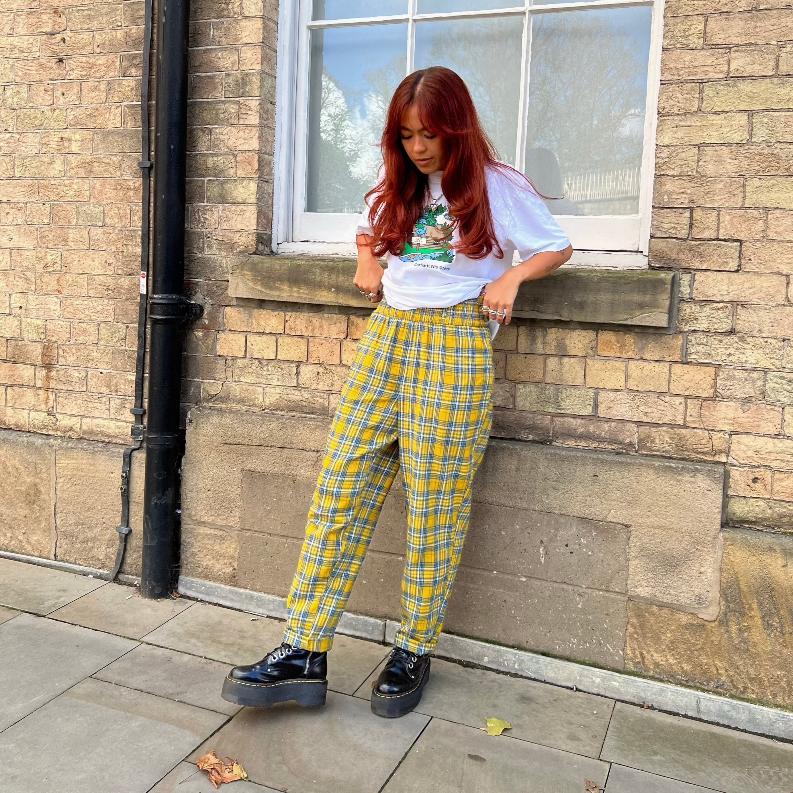 Alexa Trousers: BRUSHED ORGANIC COTTON - Mustard Tartan