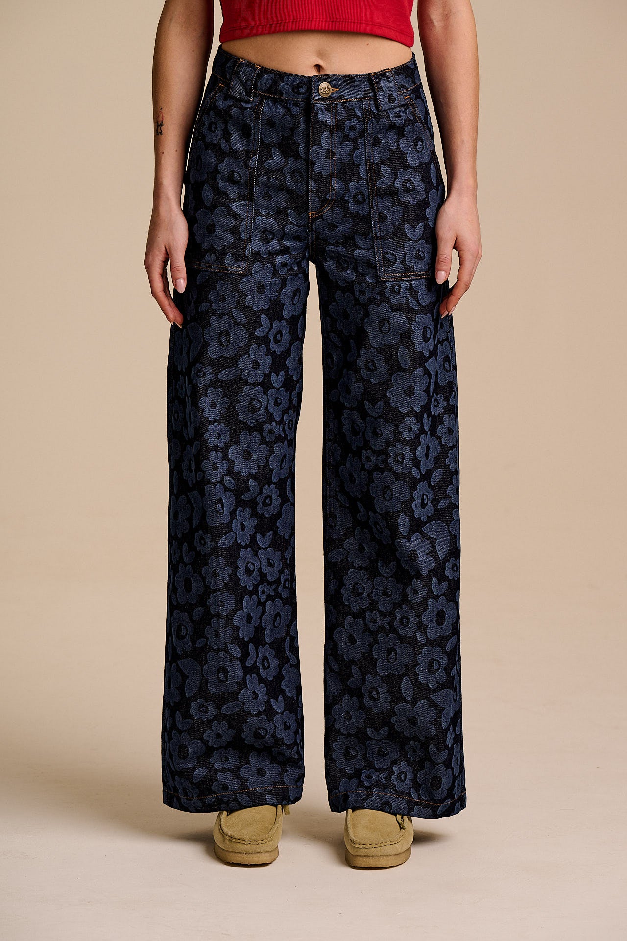Delores - Wide Leg Denim Jeans in Indigo Vida Floral