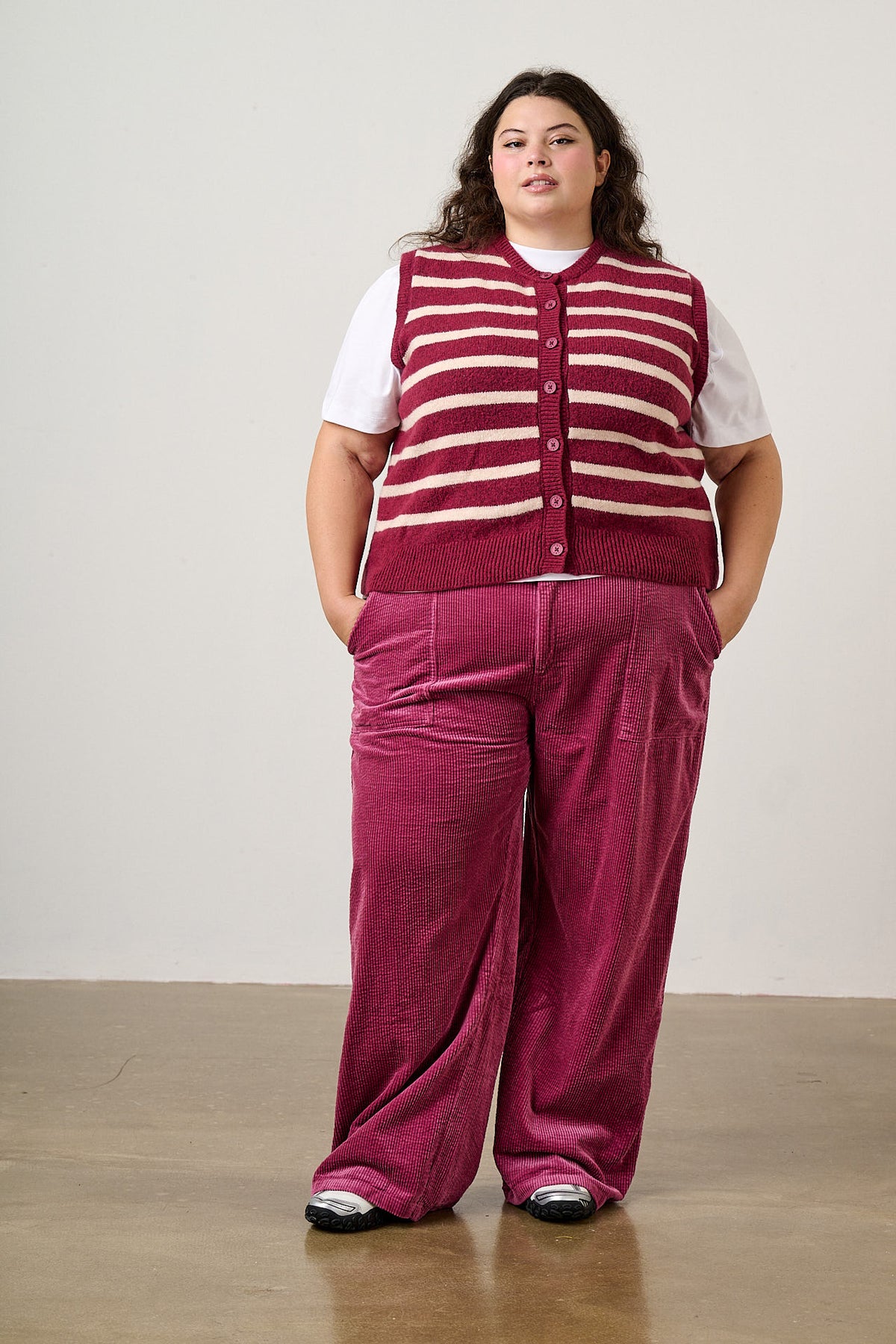 Delores - Organic Cord Wide Leg Trouser in Raspberry