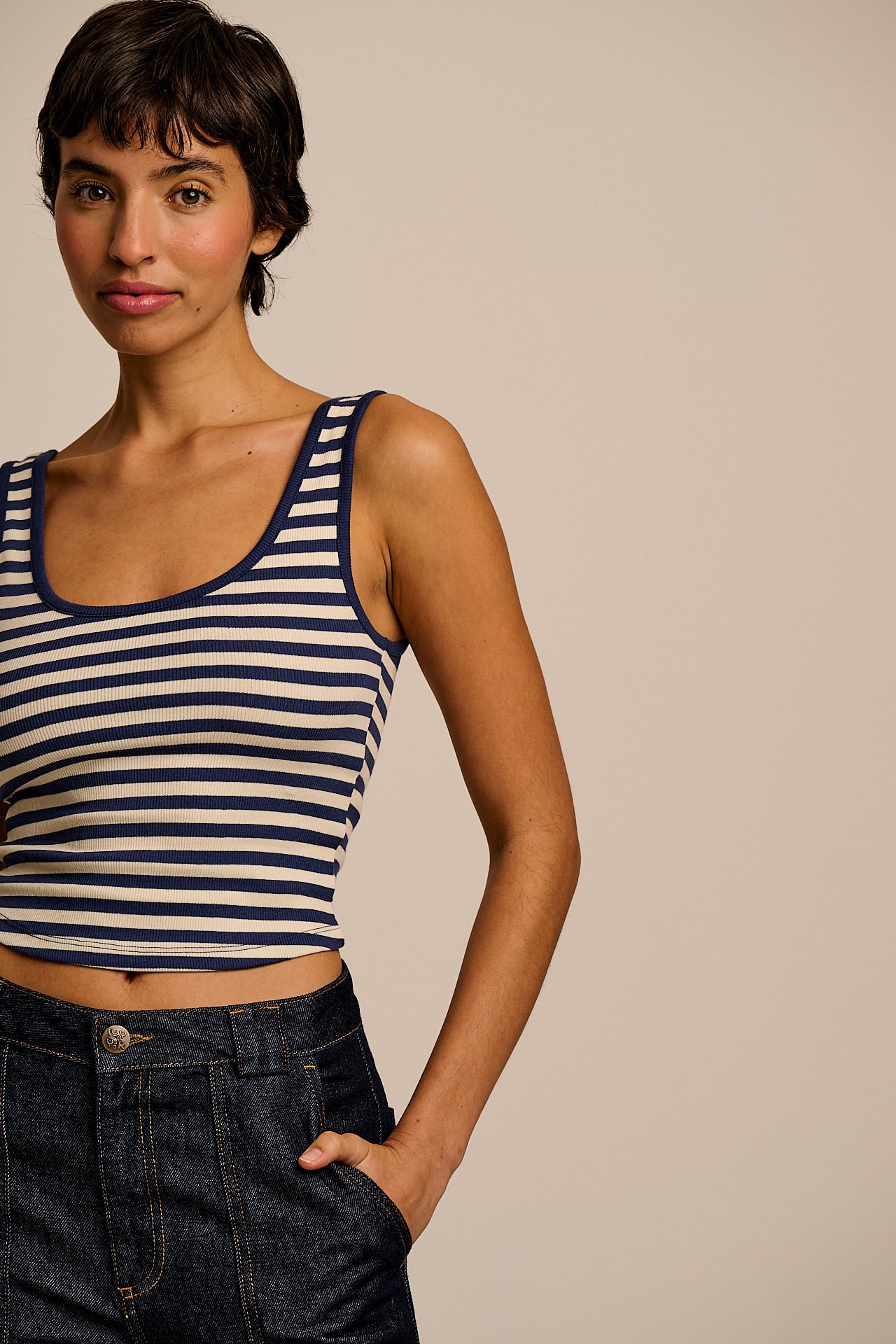 Eden - Cotton Ribbed Vest in Navy & Ecru Stripe