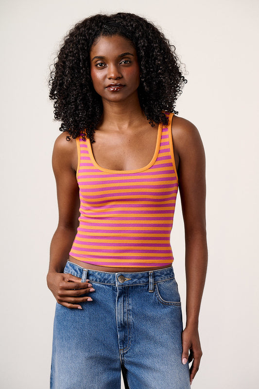 Eden - Cotton Ribbed Vest in Orange & Purple Stripe