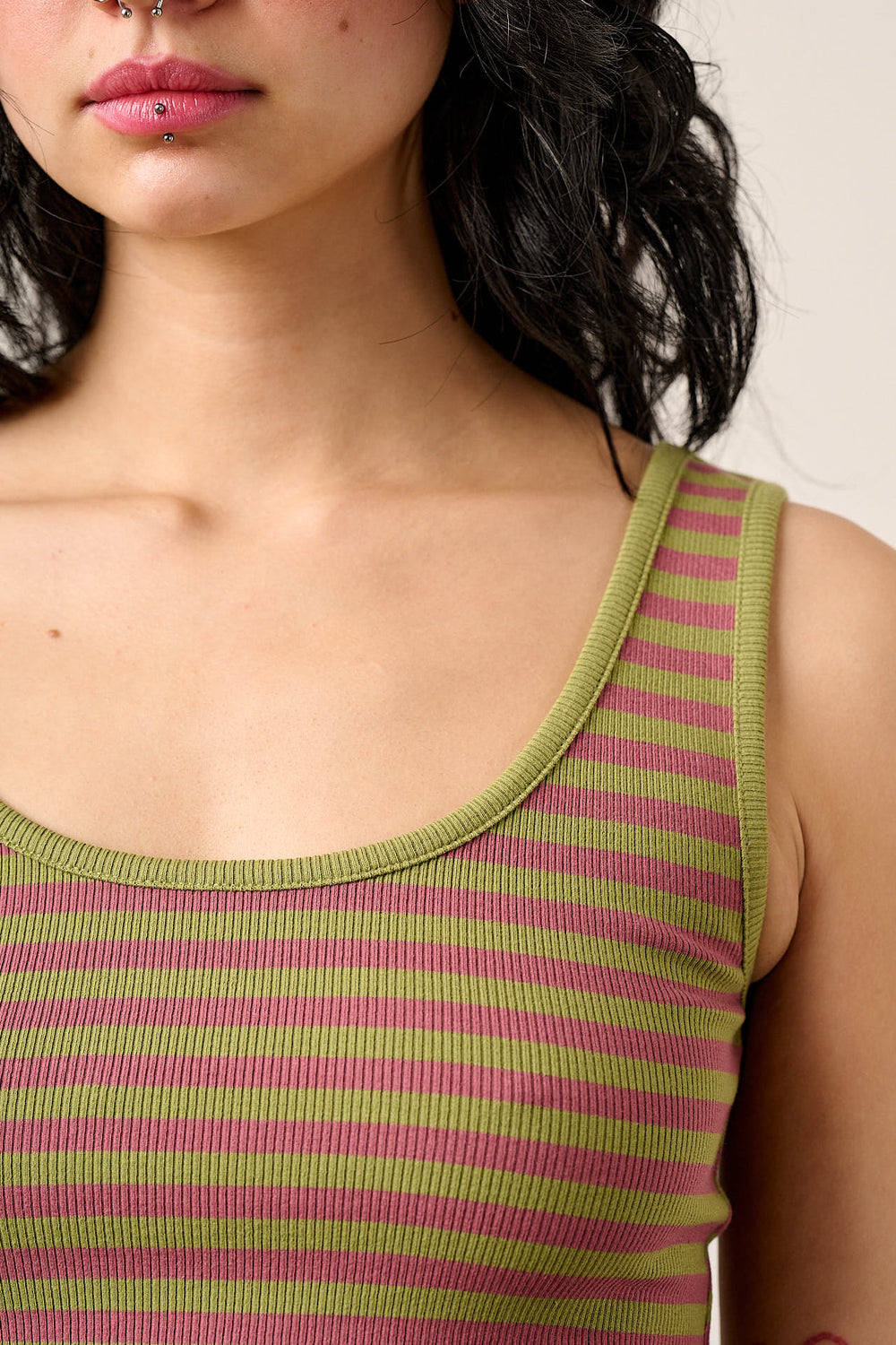 Eden - Cotton Ribbed Vest in Green & Red Stripe