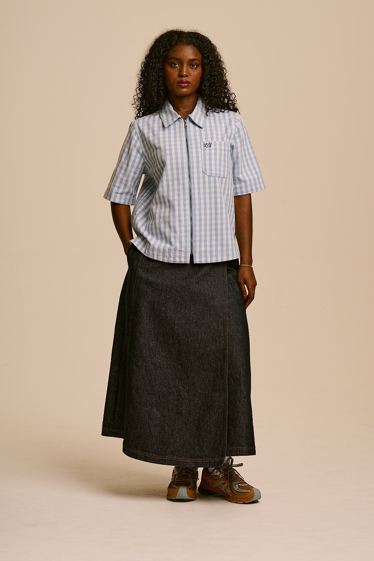 Elio - Cotton Zip Through Shirt in Blue Gingham
