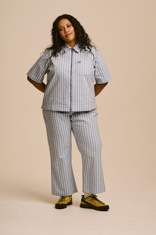 Ellis Kick Flare Trousers - Organic Cotton in Blue Gingham