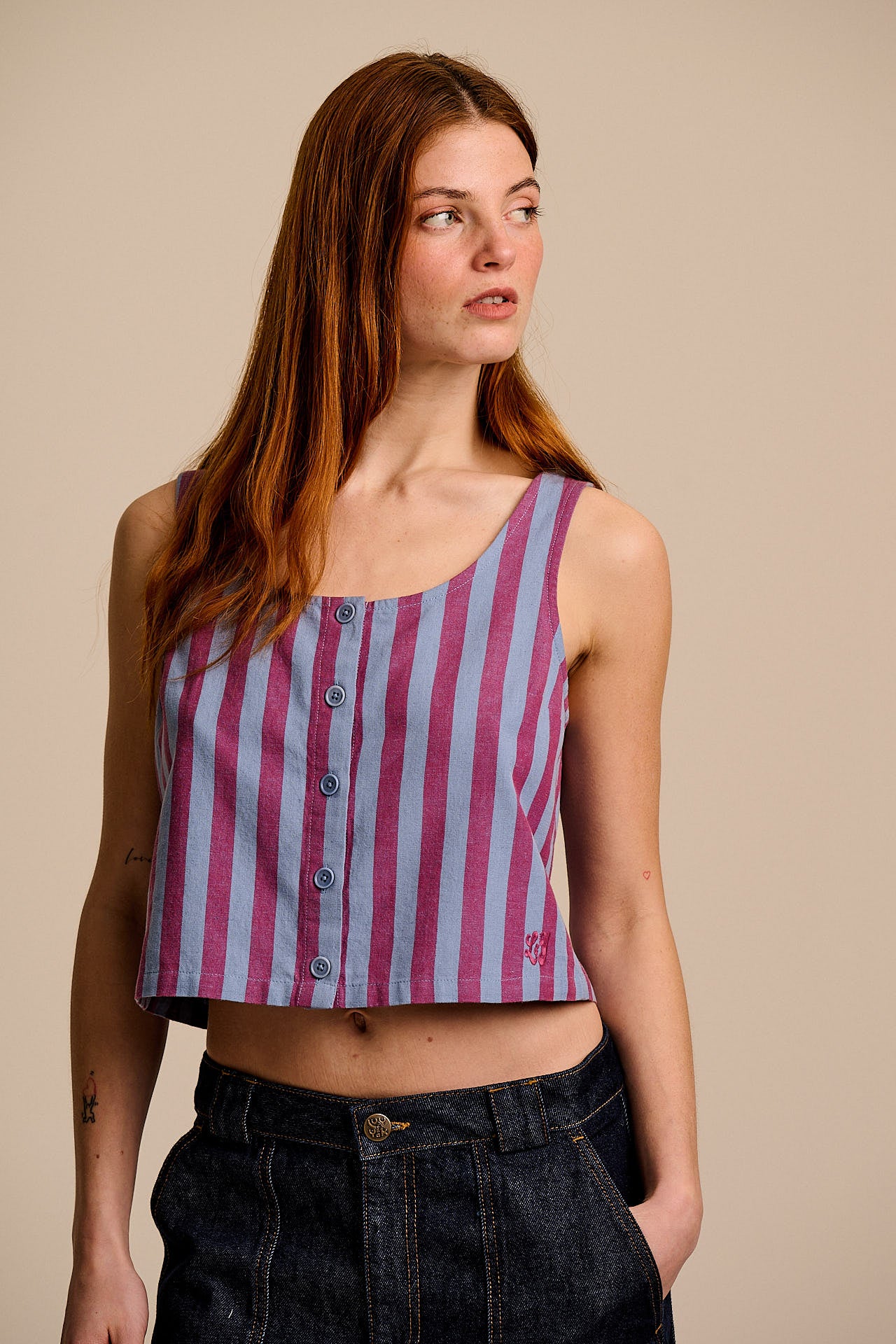 Etoile - Cotton Button Up Tank in Burgundy & Blue Stripe