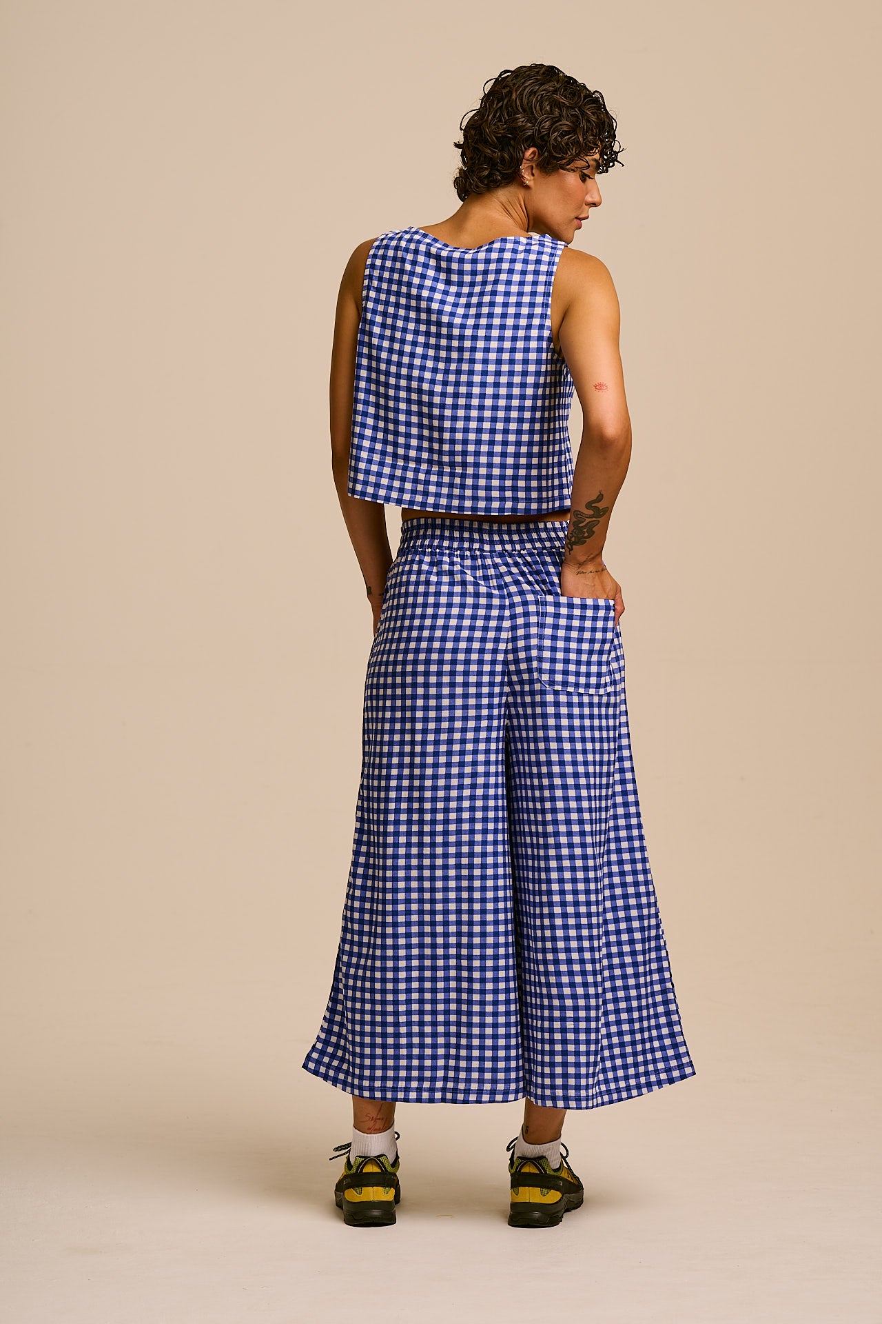 Chase - Viscose Culotte Trousers in Blue Check