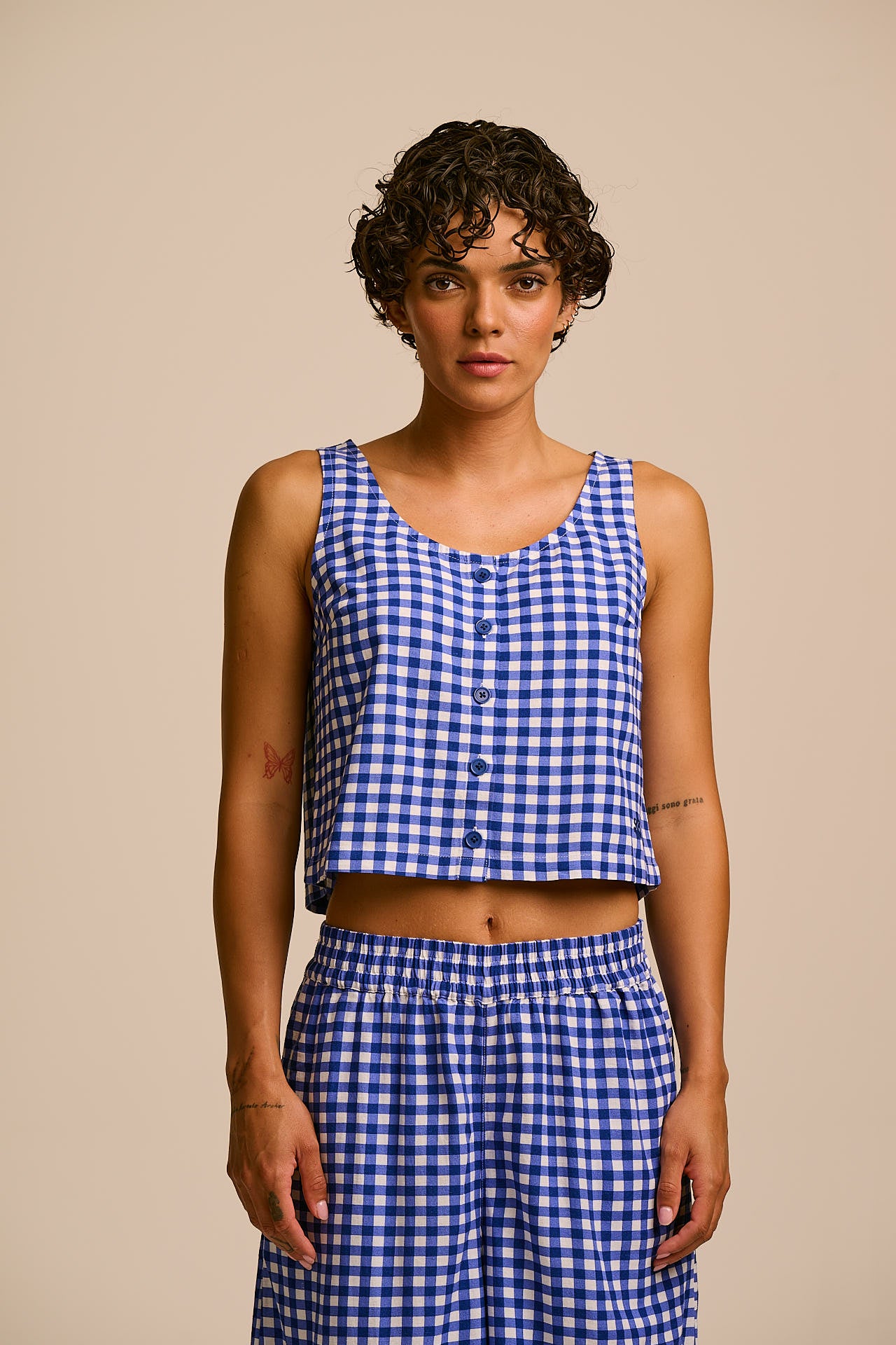 Etoile - Cotton Button Up Tank in Blue Check