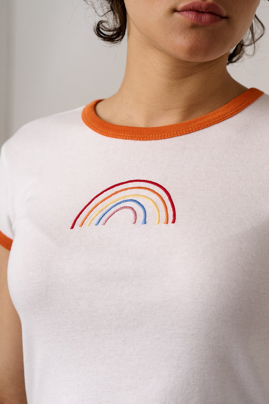Fenn - Cotton Baby Tee in White with Rainbow Embroidery