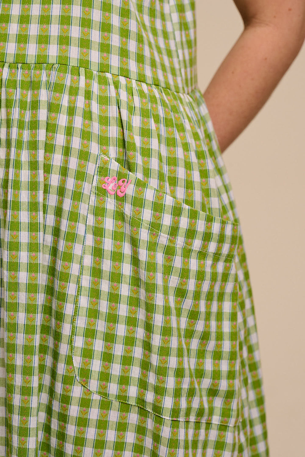 Florie - Cotton Midi Dress in Green & White Tulip Gingham
