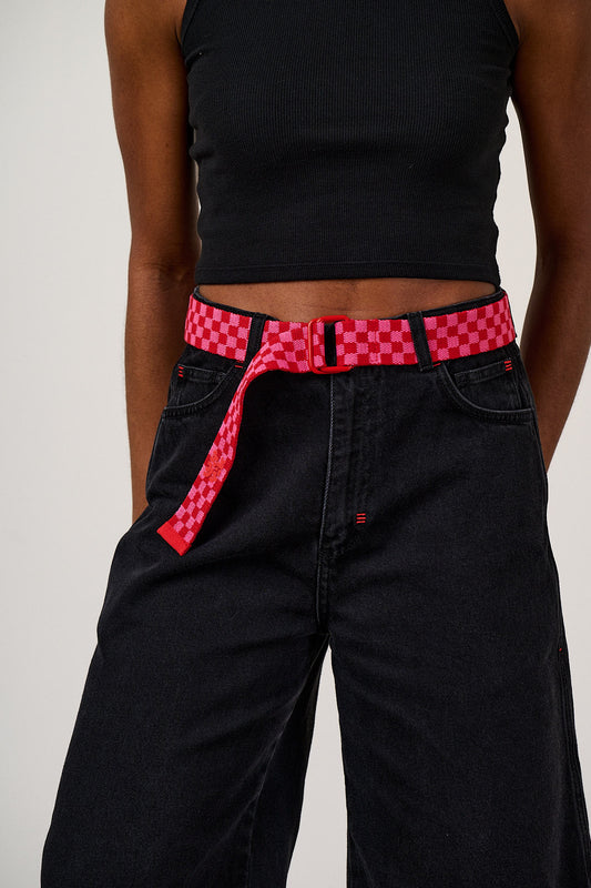 Flynn - D-Ring Cotton Webbing Belt in Pink & Red Checkerboard