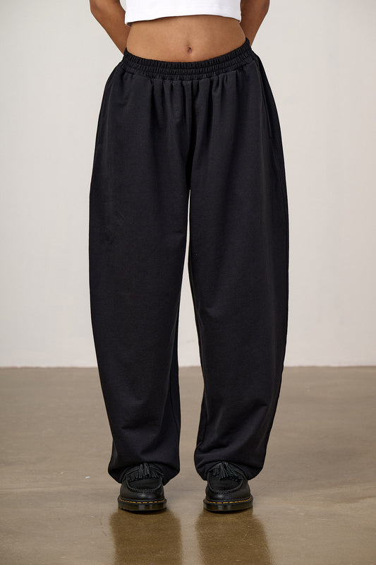 Freddie - Barrel Leg Cotton Jersey Trouser in Black