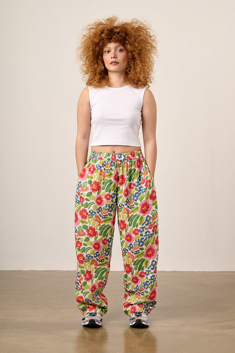 Freddie - Barrel Leg Cotton Trousers in Ivory Marie