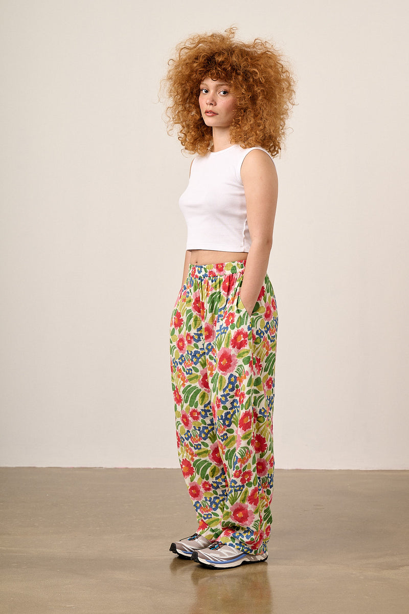 Freddie - Barrel Leg Cotton Trousers in Ivory Marie