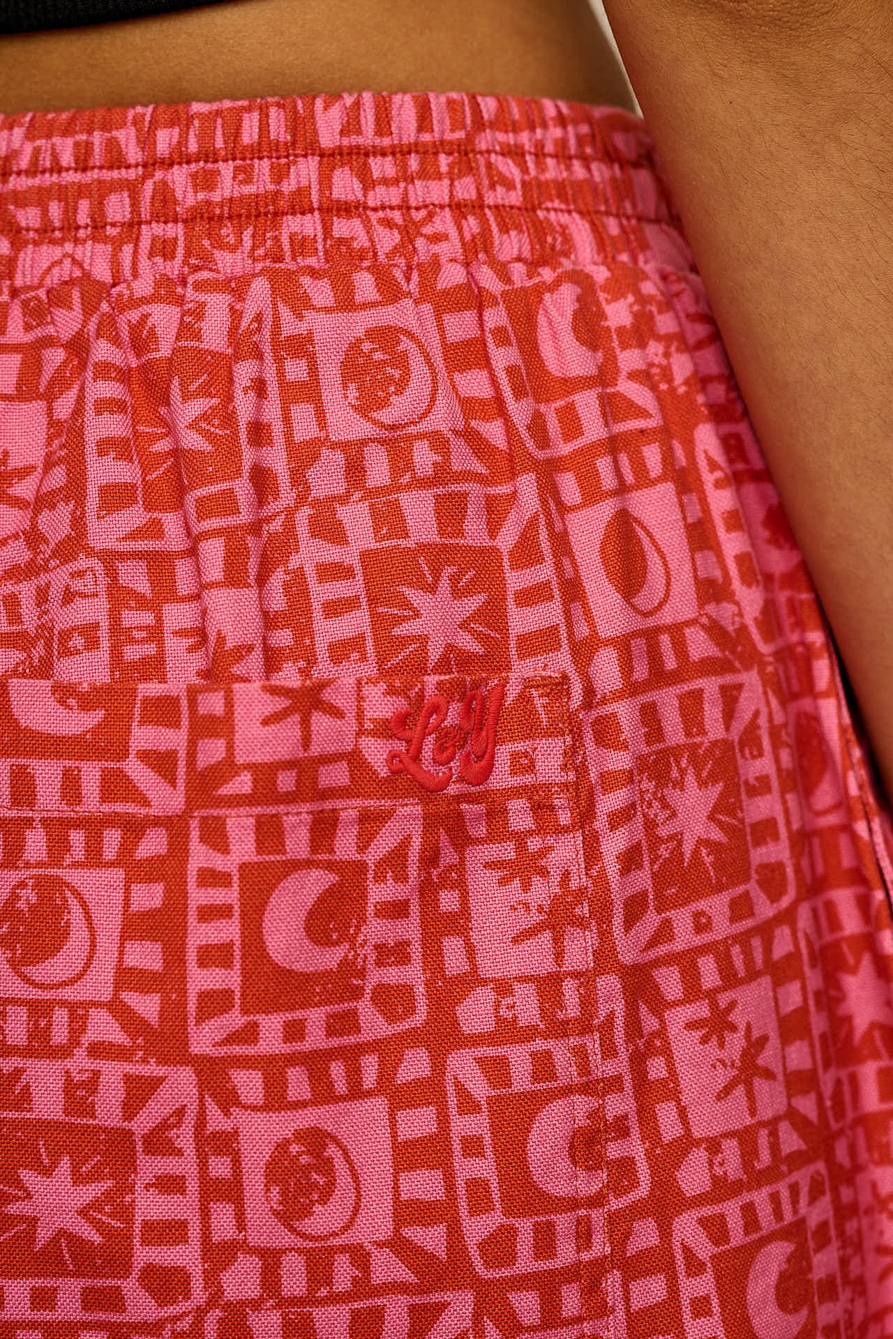 Freddie - Barrel Leg Cotton Trousers in Pink & Red Lunar Checkerboard